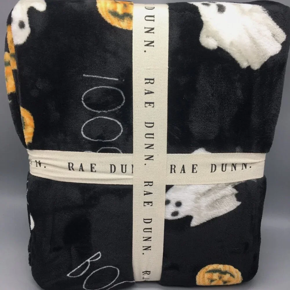 Rae Dunn BOO Halloween Black QUEEN Throw Blanket Ghost Pumpkin Jack-O-Lantern